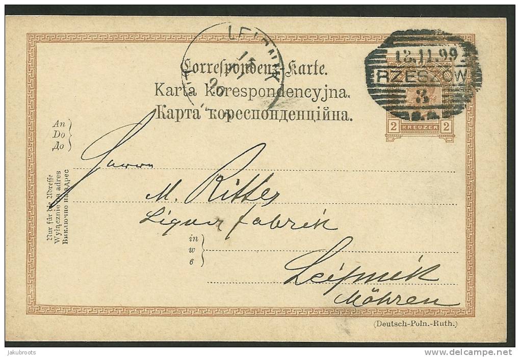 AUSTRIAN OCCUPATION  STATIONARY CARD RZESZOW--LEIPNIK  13.11.1899 - ...-1860 Prephilately