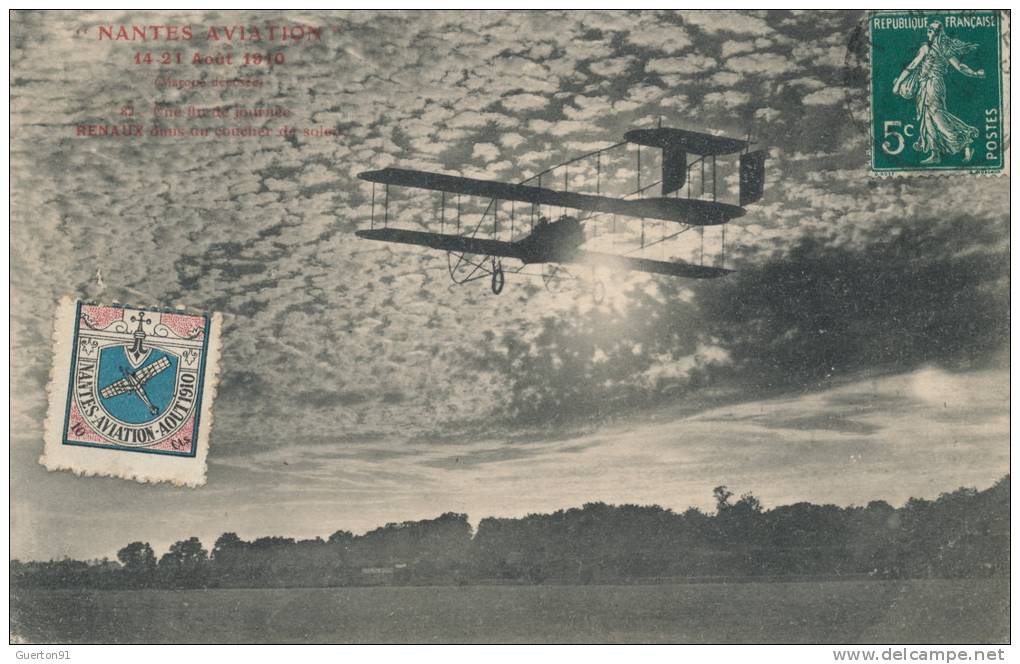 ( CPA AVIONS )  " NANTES - AVIATIONS "  14-21 Aout 1910  /  RENAUX Dans Un Coucher De Soleil  - - Demonstraties