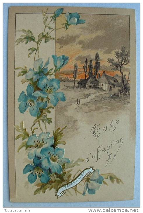 Carte Gauffrée Fleurs Bleues Et Maisons Gage D'affection Bonne Année - Autres & Non Classés