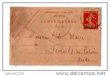 ENTIER POSTAL CARTE LETTRE Correspondance: Semeuse Ferrals Les Corbières Montseret 1915 Ambulant Narbonne Thézan - Kaartbrieven