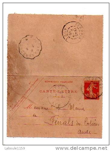 ENTIER POSTAL CARTE LETTRE Correspondance: Semeuse Ferrals Les Corbières Montseret 1915 Ambulant Narbonne Thézan - Cartoline-lettere
