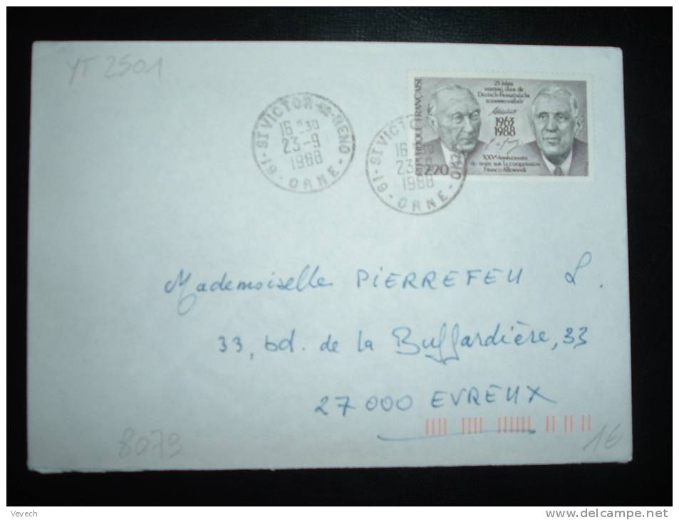 LETTRE TP YT 2501 COOPERATION FRANCO-ALLEMANDE 2,20 F OBL. 23-9-1988 ST VICTOR DE RENO (61 ORNE) - 1961-....