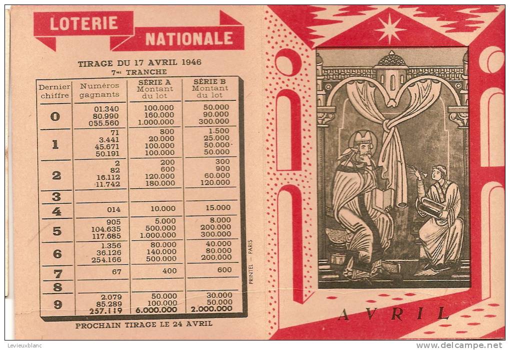 Calendrier/Loterie Nationale/Mois D´Avril/1946                           CAL31 - Autres & Non Classés