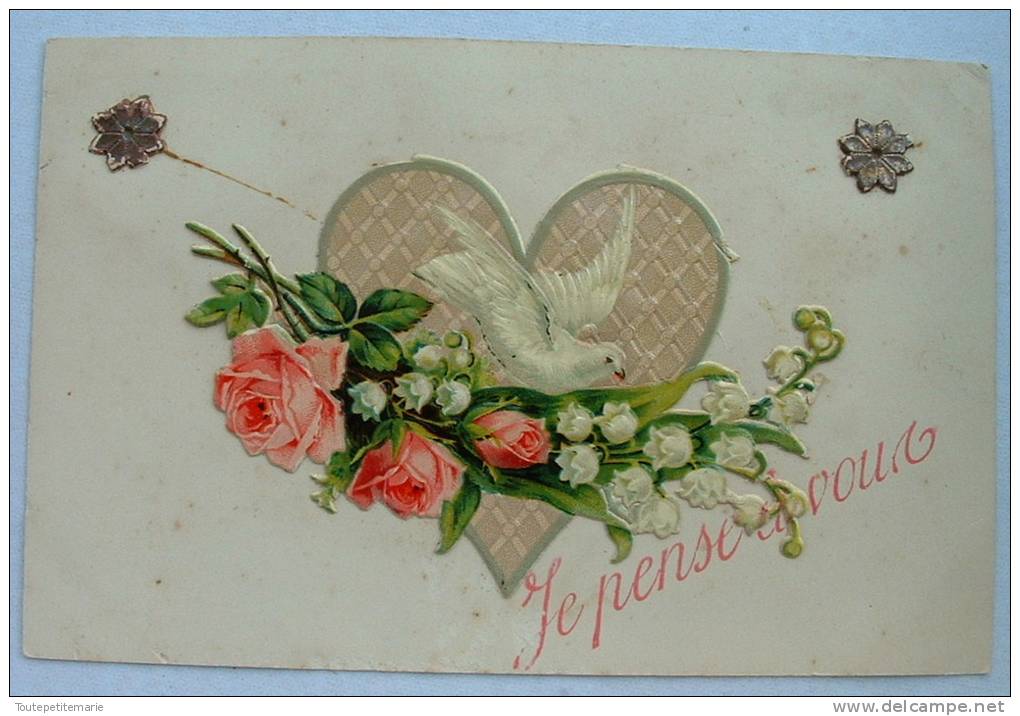 Carte Chromo Collé Coeur Colombe Rose Muguet Je Pense à Vous - Autres & Non Classés