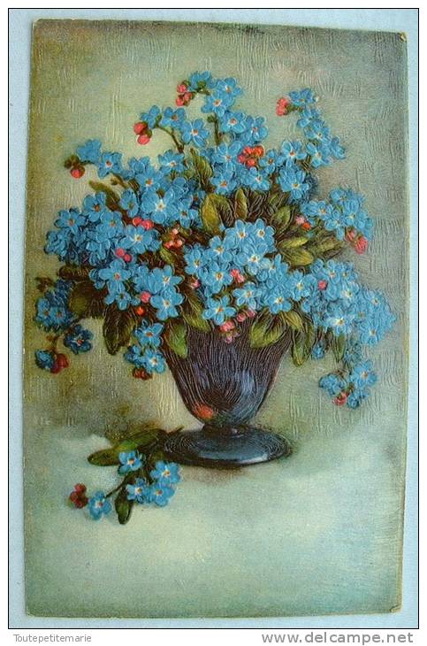 Carte Gauffrée Bouquet De Fleurs Bleues Peinte Import Germany Ser - Sonstige & Ohne Zuordnung