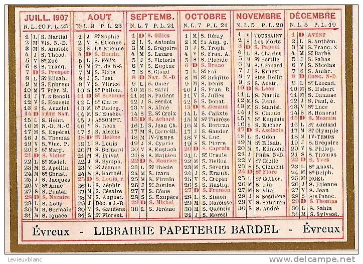 Calendrier /Librairie Papeterie/BARDEL/ EVREUX/Eure/1907                   CAL38 - Autres & Non Classés