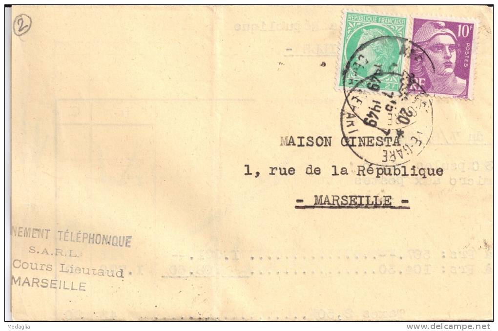 Lettre N° 154 - Facture L'Abonnement Téléphonique Du 15 Juillet 1949 - Telegraph And Telephone