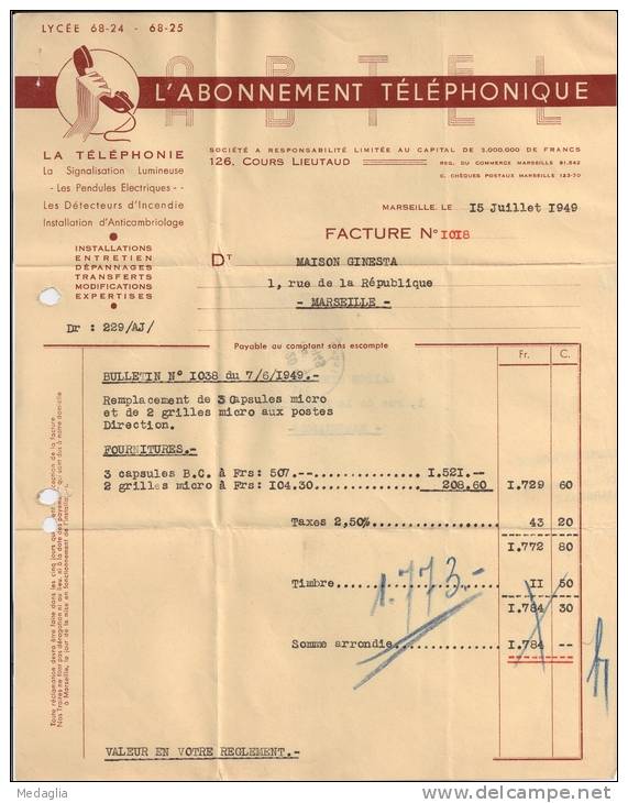Lettre N° 154 - Facture L'Abonnement Téléphonique Du 15 Juillet 1949 - Télégraphes Et Téléphones
