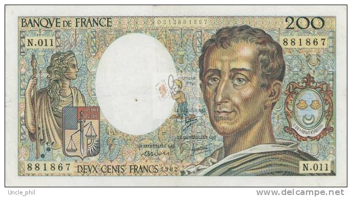 MONTESQUIEU 200 FRANCS - 1982 - N.011 - O° - COTE IPCbanknotes: 40 Euros - 200 F 1981-1994 ''Montesquieu''