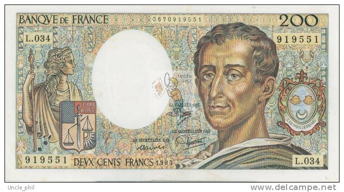 MONTESQUIEU 200 FRANCS - 1985 - L.034 - O° - COTE IPCbanknotes: 40 Euros - 200 F 1981-1994 ''Montesquieu''