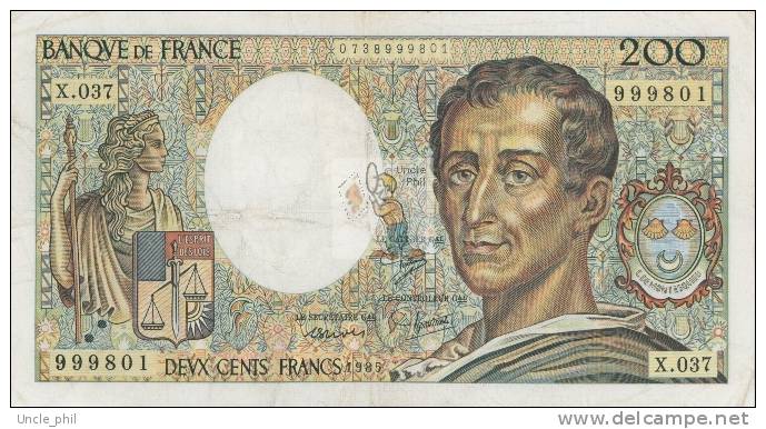 MONTESQUIEU 200 FRANCS - 1985 - X.037 - O° - COTE IPCbanknotes: 40 Euros - 200 F 1981-1994 ''Montesquieu''