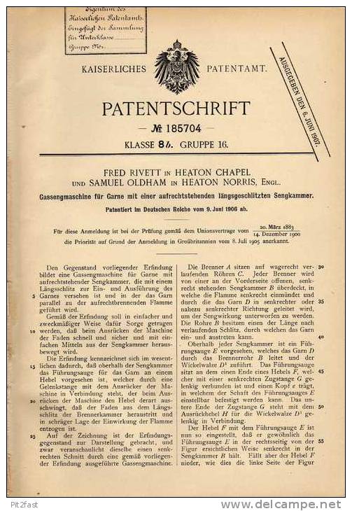 Original Patentschrift - R. Rivett In Heaton Chapel Und Heaton Norris , 1906 , Gassengmaschine Für Garne , Näherei !!! - Tools