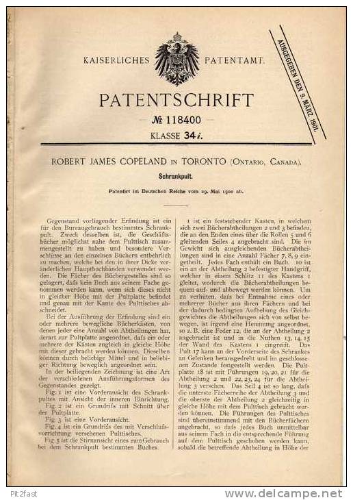 Original Patentschrift - R. Copeland In Toronto , 1900 , Schrankpult , Schrank , Pult  !!! - Other Plans