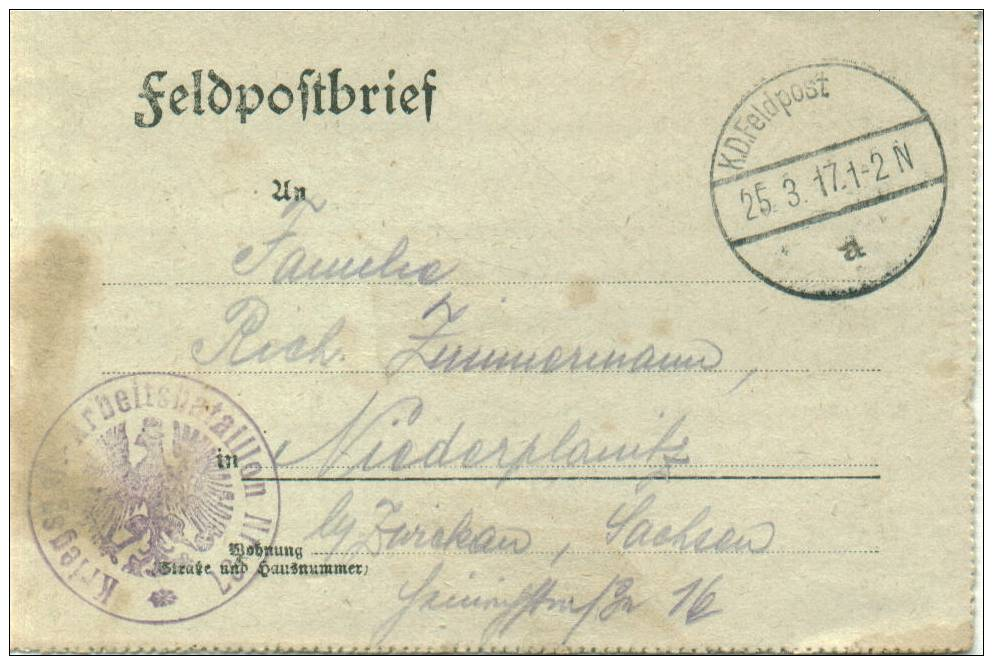Feldpost 1.WK KRIEGSGEF. ARBEITSBATAILLON NR. 37  1917 - Briefe U. Dokumente