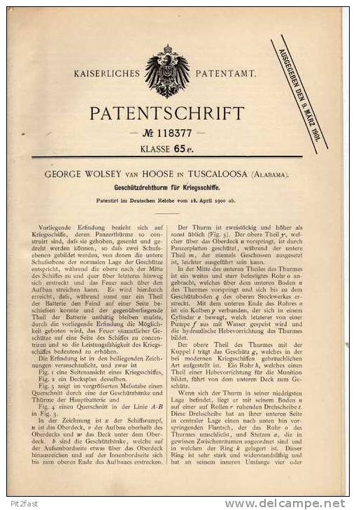 Original Patentschrift - G. Van Hoose In Tuscaloosa , 1900 , Drehturm Für Kriegsschiffe , Battleship !!! - Bateaux