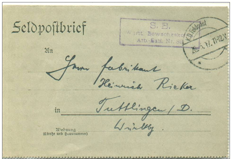 Feldpost 1.WK  2. WÜRTT. BEWACHGSKOMP. ARB. BATL. Nr. 89  1917 - Briefe U. Dokumente