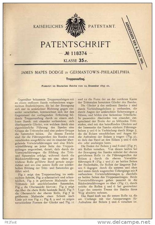 Original Patentschrift - J. Dodge In Germantown - Philadelphia , 1899 , Aufzug Für Treppe , Lift , Rolltreppe !!! - Architectuur