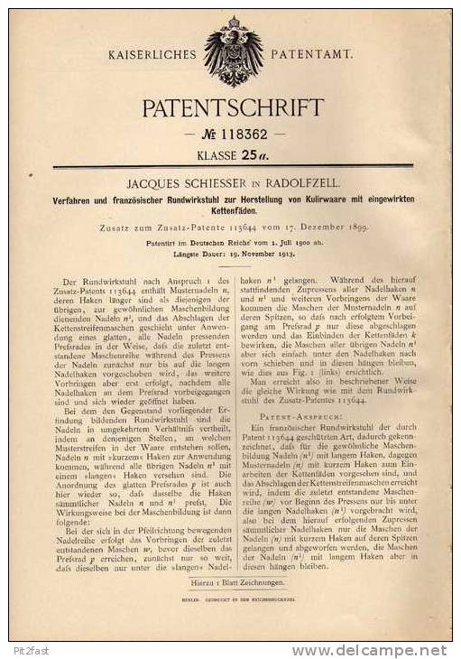 Original Patentschrift - J. Schiesser In Radolfzell , 1900 , Französischer Rundwirkstuhl , Weberei , Näherei !!! - Historische Dokumente