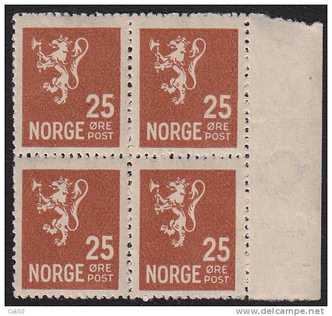 NORWAY 1927 - NK 147 25 öre Lion MNH Right Margin Block Of 4 (watermark Pos. 2) - Ungebraucht