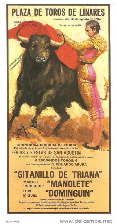 CPM AFFICHE CORRIDA MANOLETE LINARES 28/08/1947 JOUR SOUVENIR TIMBRE PAPILLON BUTTERFLY - Sonstige & Ohne Zuordnung