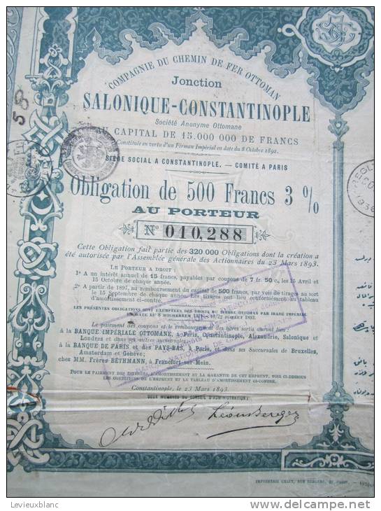 Action/ Chemin De Fer Salonique-Constantinople/ Obligation Au Porteur/Empire Ottoman/1893      ACT14 - Autres & Non Classés