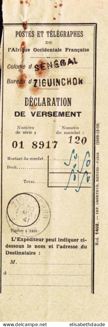 1941 - COUPON De DECLARATION DE VERSEMENT De ZIGUINCHOR (SENEGAL) - Briefe U. Dokumente