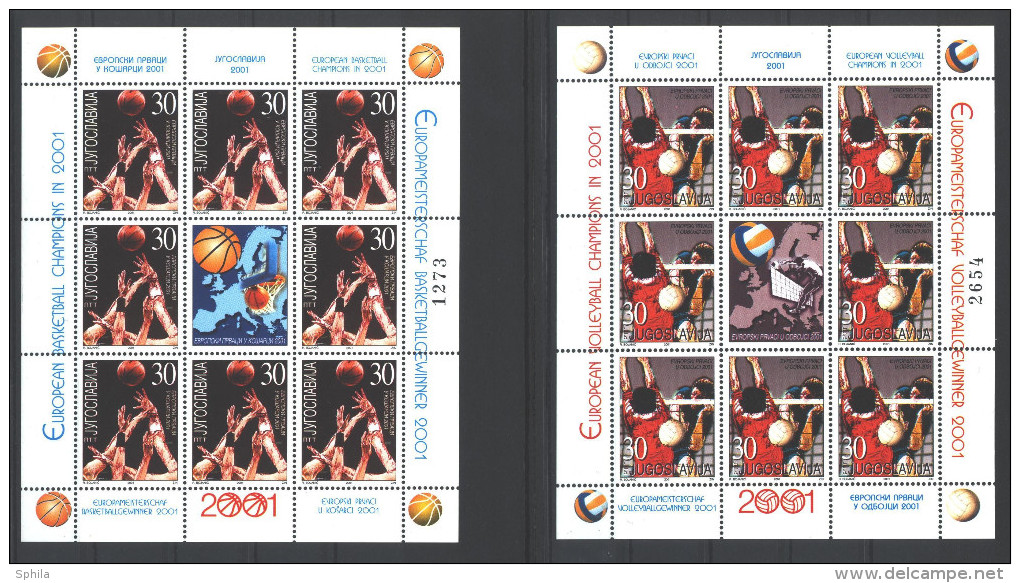 Jugoslawien - Yugoslavia 2001 European Champions In Basketball And Volleyball Mini Sheets MNH; Michel # 3044-45 - Blocks & Sheetlets