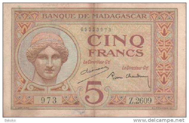 Madagascar P35 - 5 Francs ND 1937-47 Signé P.Chaudun-A.Dejouany - Un Pli Central Voir Scan - Madagascar