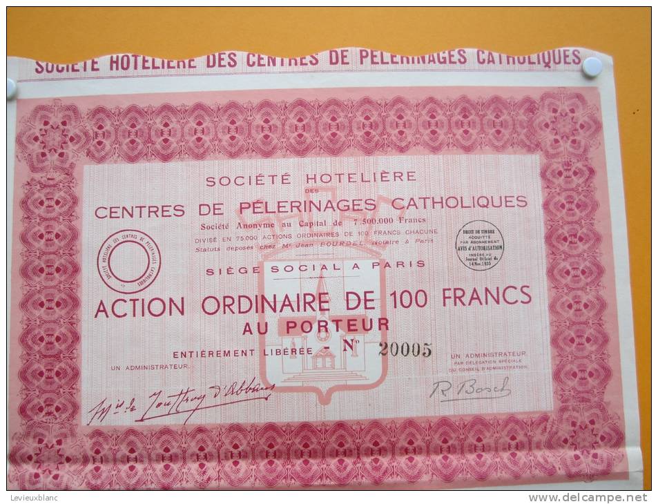 Action/ Sté Hôteliére Des Centres De Pélérinages Catholiques/Action Ordinaire Au Porteur/1935      ACT24 - Autres & Non Classés