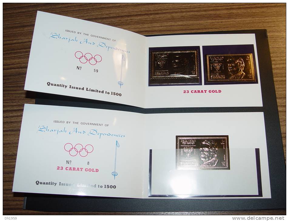 OR GOLD JEAN-CLAUDE KILLY GOLD POSTAGE STAMPS + SOUVENIR SHEET SKI / 23 CARAT  ... LIMITED EDITION ...SHARJAH ... JO ... - Invierno 1968: Grenoble