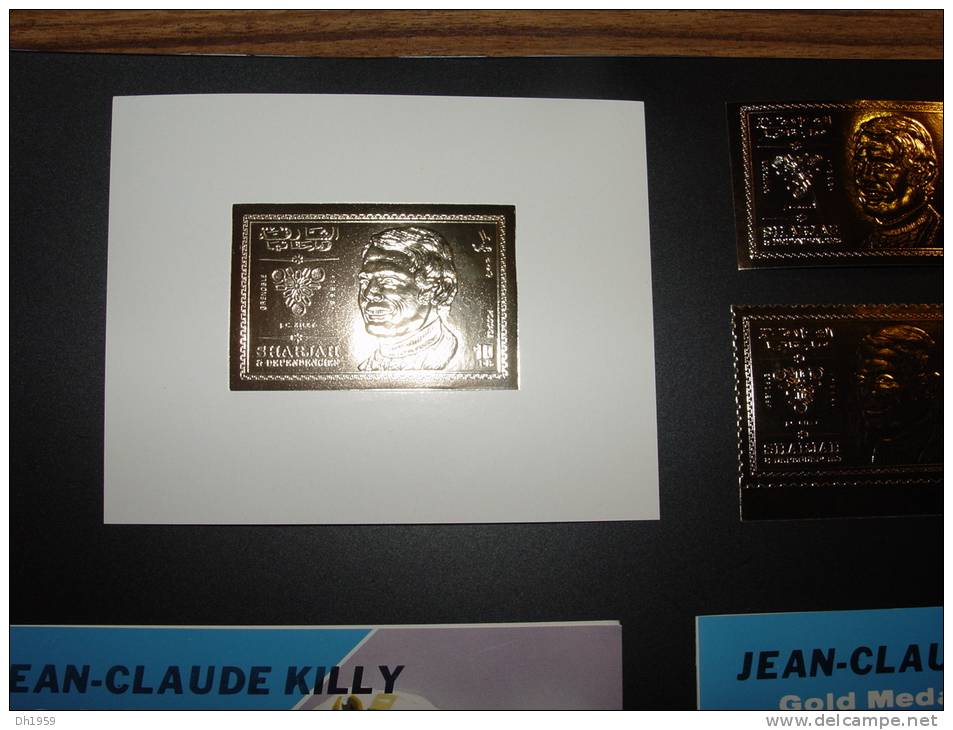 OR GOLD JEAN-CLAUDE KILLY GOLD POSTAGE STAMPS + SOUVENIR SHEET SKI / 23 CARAT  ... LIMITED EDITION ...SHARJAH ... JO ... - Invierno 1968: Grenoble