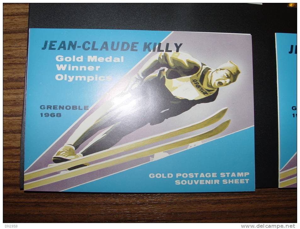 OR GOLD JEAN-CLAUDE KILLY GOLD POSTAGE STAMPS + SOUVENIR SHEET SKI / 23 CARAT  ... LIMITED EDITION ...SHARJAH ... JO ...