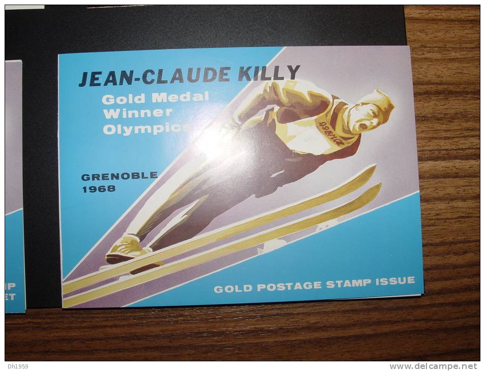 OR GOLD JEAN-CLAUDE KILLY GOLD POSTAGE STAMPS + SOUVENIR SHEET SKI / 23 CARAT  ... LIMITED EDITION ...SHARJAH ... JO ...