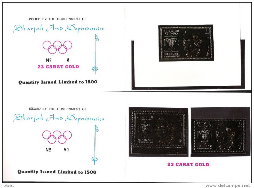 OR GOLD JEAN-CLAUDE KILLY GOLD POSTAGE STAMPS + SOUVENIR SHEET SKI / 23 CARAT  ... LIMITED EDITION ...SHARJAH ... JO ...