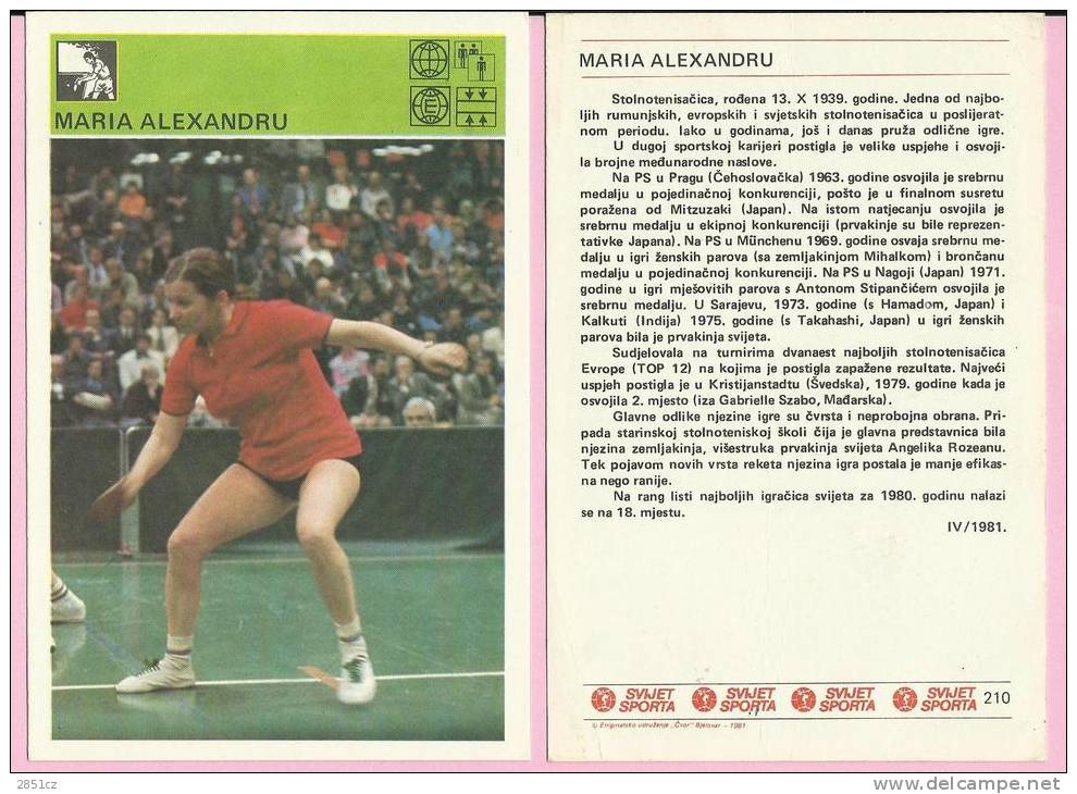 SPORT CARD No 210 - MARIA ALEXANDRU, Yugoslavia, 1981., 10 X 15 Cm - Tennis De Table