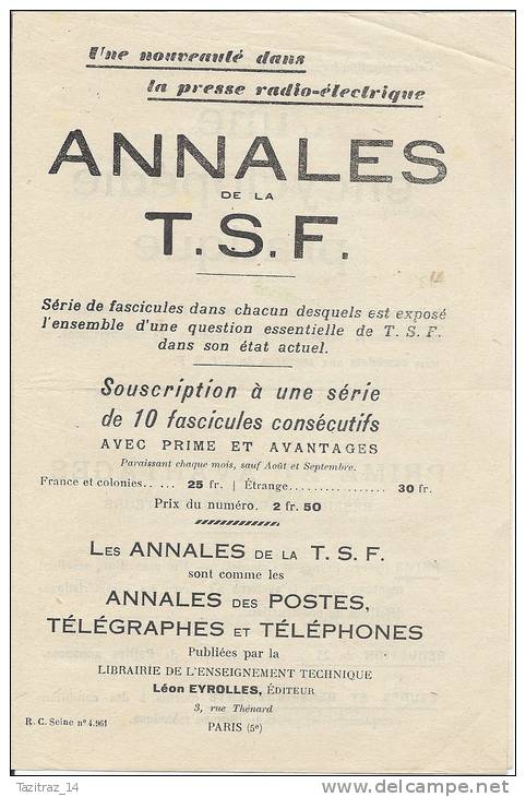 1926 Pub Encyclopedie   " ANNALES De La T. S. F. "   Avec Bulletin Souscription Et Bulletin Commande - Altri & Non Classificati