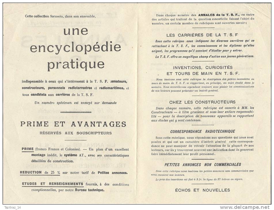 1926 Pub Encyclopedie   " ANNALES De La T. S. F. "   Avec Bulletin Souscription Et Bulletin Commande - Altri & Non Classificati