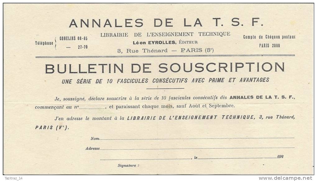 1926 Pub Encyclopedie   " ANNALES De La T. S. F. "   Avec Bulletin Souscription Et Bulletin Commande - Otros & Sin Clasificación
