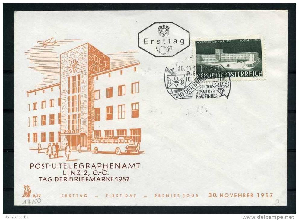 1957 Austria Linz Post Office Stamp Day FDC Scout Postmark - Other & Unclassified