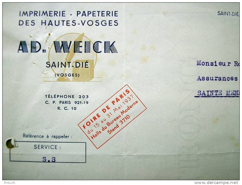 88 SAINT DIE "IMPRIMERIE PAPETREIE AD. WEICK" Pour 51 Sainte Menehould  Tampon Foire De PARIS - Druck & Papierwaren