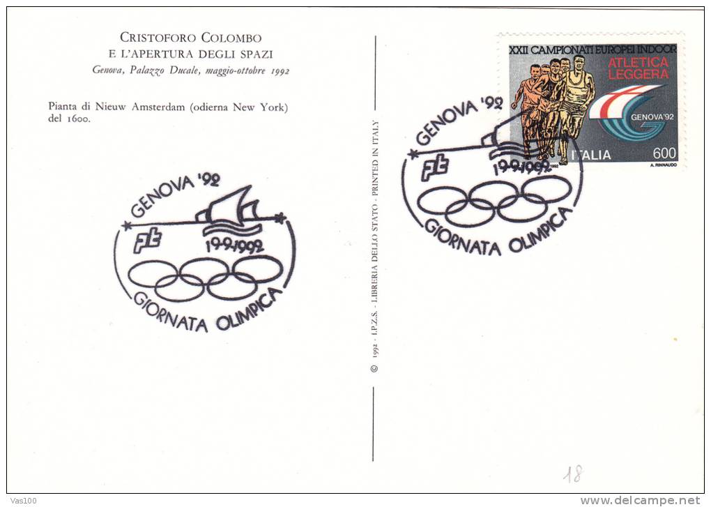 CRISTOPHER COLOUMB, OLYMPIC DAY, 1992, POST CARD, OBLITERATION, ITALY - Christophe Colomb