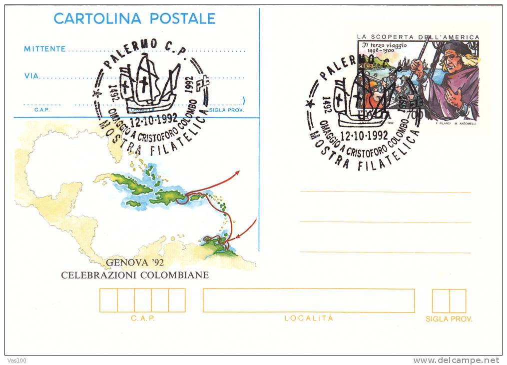 CRISTOPHER COLOUMB, 1992, CARD STATIONERY, ENTIER POSTAL, OBLITERATION CONCORDANTE, ITALY - Christophe Colomb