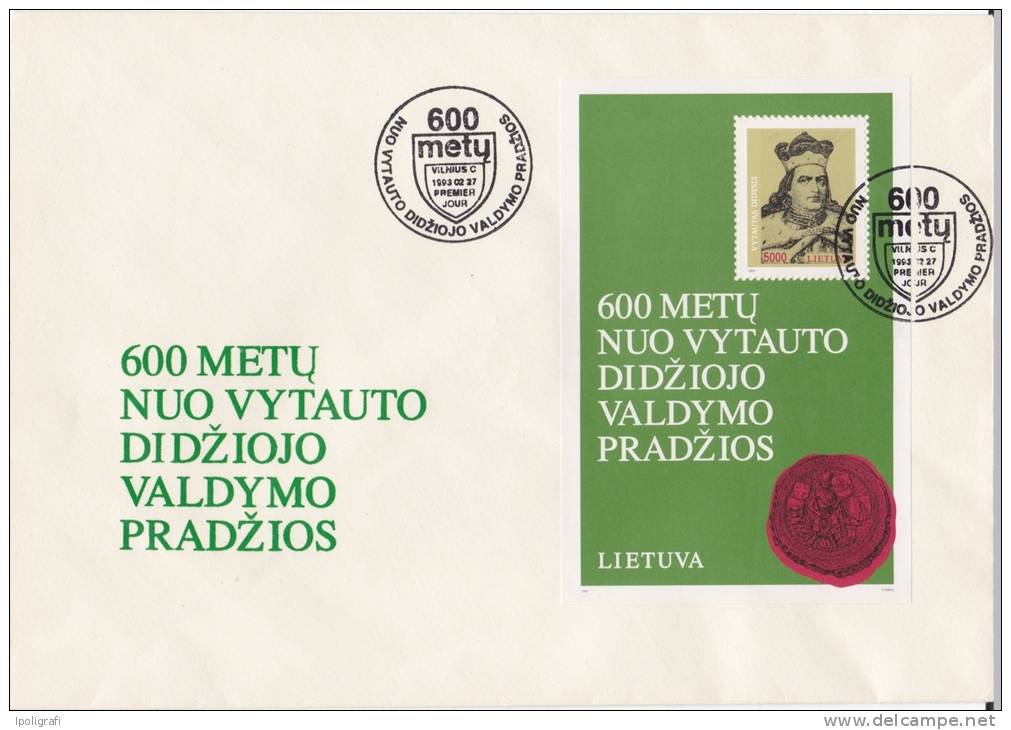 Lithuania - 1993 - FDC, Souvenir Sheet, Grand Duke Vytautas, Vilnius, 27-2-93 - Altri & Non Classificati
