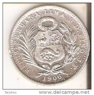 MONEDA DE PLATA DE PERU DE 1/5 DE SOL DEL AÑO 1906   (COIN) SILVER,ARGENT. - Peru
