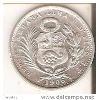 MONEDA DE PLATA DE PERU DE 1/5 DE SOL DEL AÑO 1906   (COIN) SILVER,ARGENT. - Perú