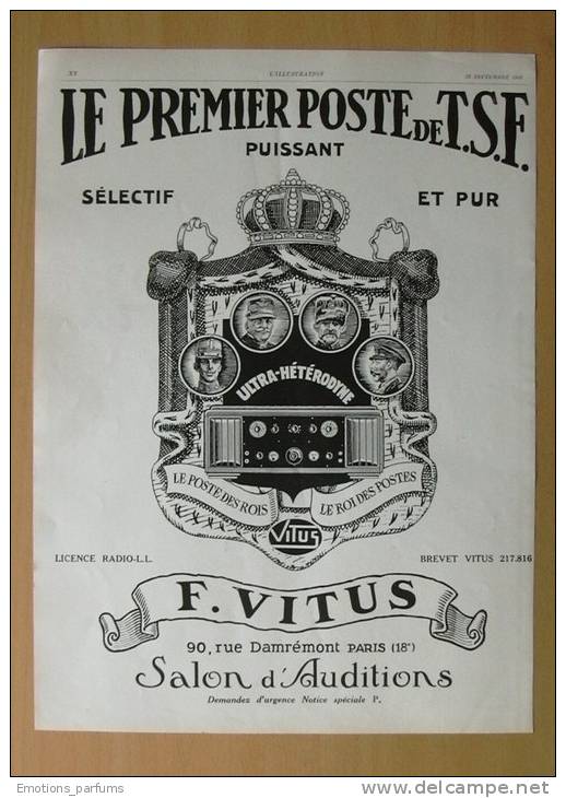 Pub Papier 1926 Poste Radio T.S.F  TSF Postes Radios F VITUS  Ultra Hétérodyne Embleme Roi Dos Photo Melle Spinelly - Pubblicitari