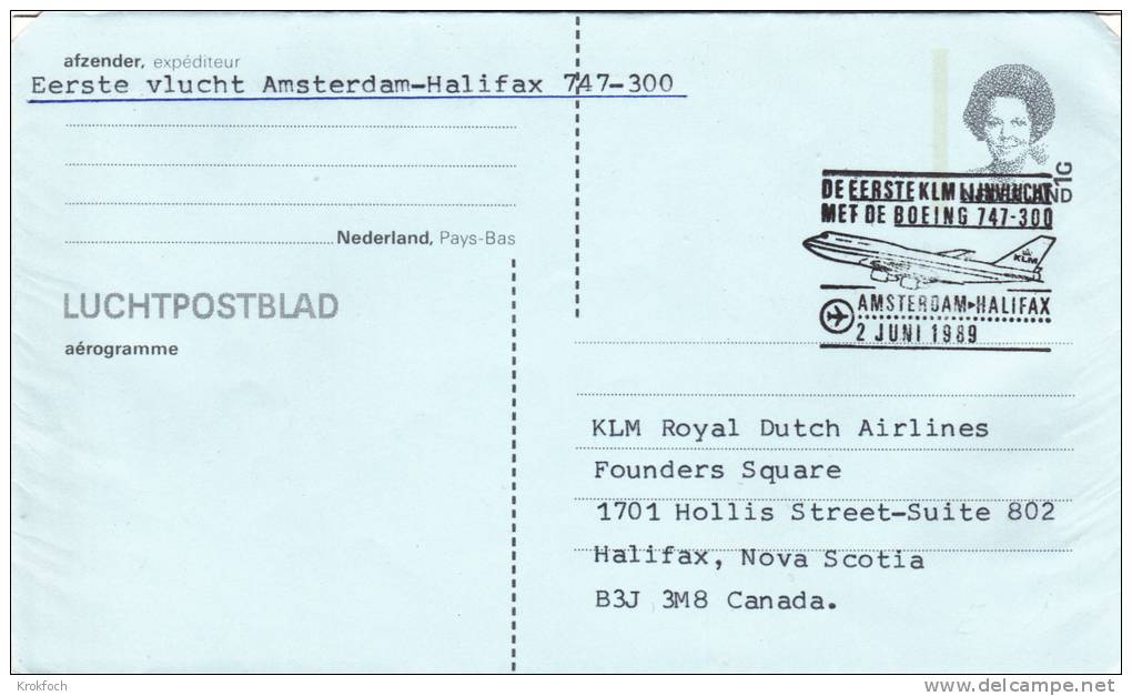 Amsterdam Halifax 1989 - Erstflug 1er Vol Boeing - Canada - Poste Aérienne