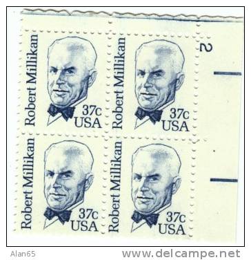 #1866 Plate # Block Of 4, 1982 Robert Millikan Atomic Physicist Nobel Laureate, 37-cent US Postage Stamps - Plate Blocks & Sheetlets