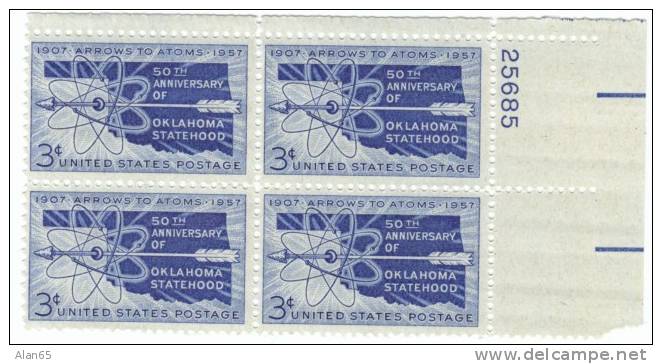 #1092 Plate # Block Of 4, 1957 Oklahoma Statehood 50th Anniversary, Atomic Symbol, 3-cent US Postage Stamps - Plate Blocks & Sheetlets