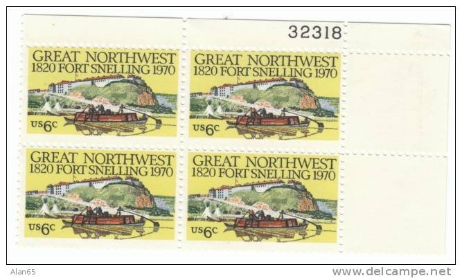 #1409 Plate # Block Of 4, 1970 Fort Snelling Minnesota Military, 6-cent US Postage Stamps - Plate Blocks & Sheetlets